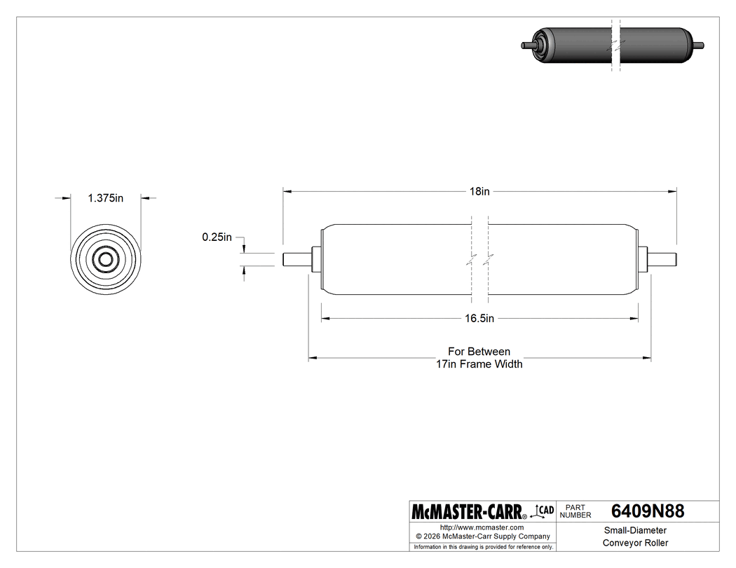 Technical Drawing of Small-Diameter Conveyor Roller, 1-3/8" Diameter, Galvanized Steel, for 17" Between Frame Width.